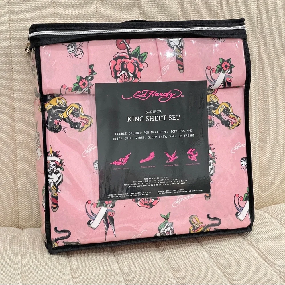 NEW Ed Hardy Pink Tattoo Print 6 Piece King Sheet Set Tiger Skull Rose
